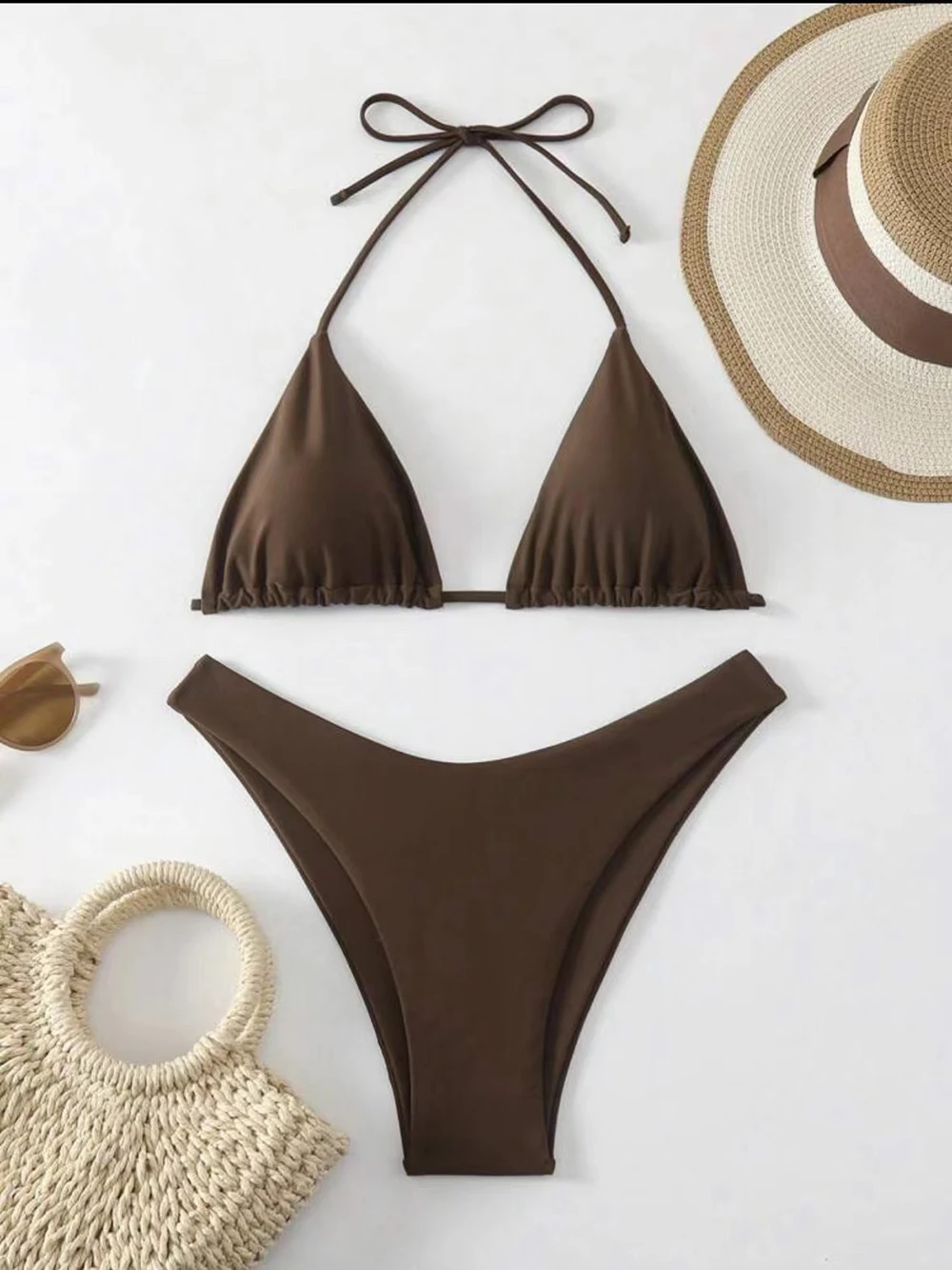 Sexy Solid Halter Lace Up Low Waist Bikini Set Women's 2 Pieces Swimsuit Triangle Thong Swimwear Bathing Suit Brazilian Biquini