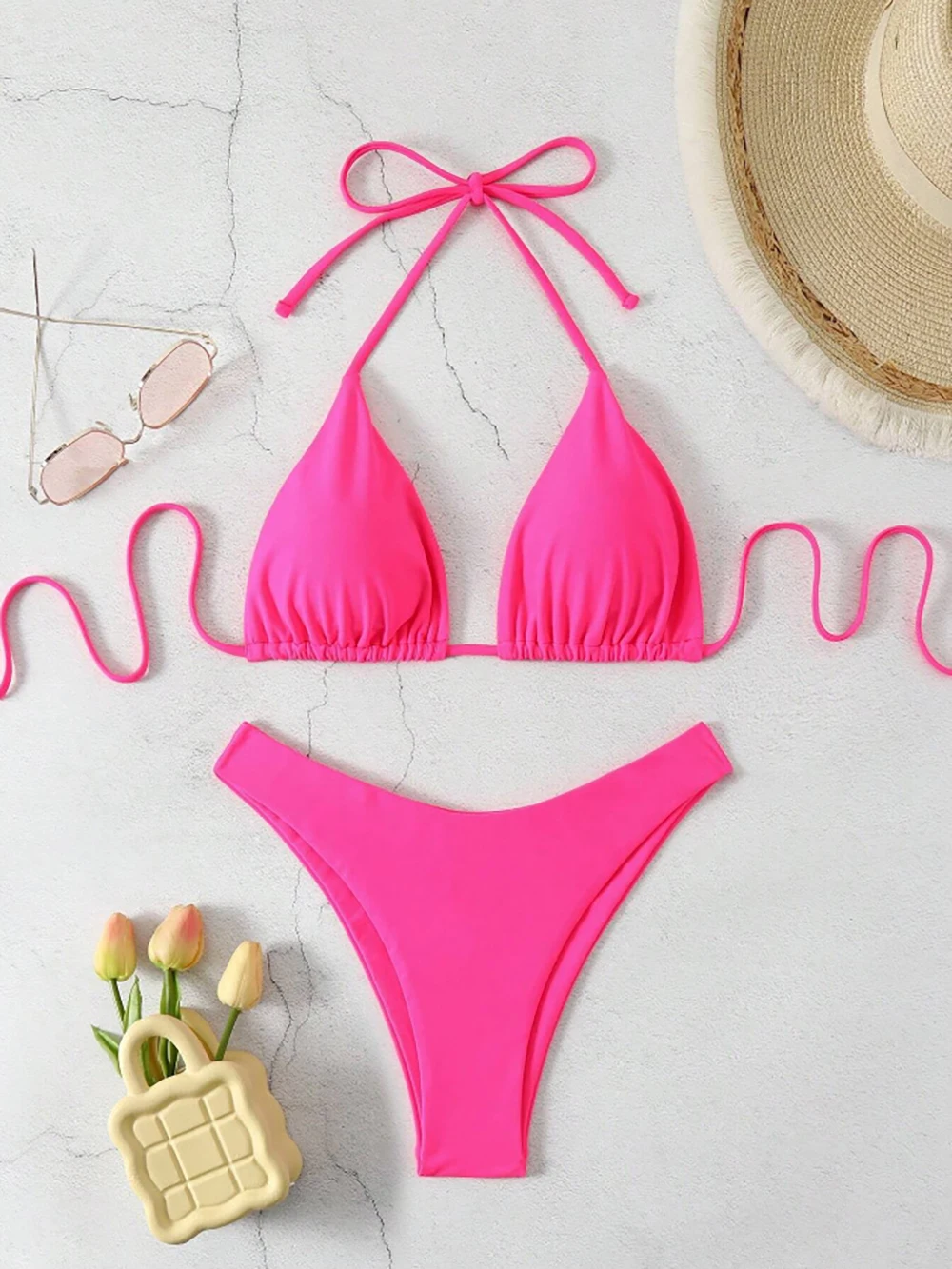 Sexy Solid Halter Lace Up Low Waist Bikini Set Women's 2 Pieces Swimsuit Triangle Thong Swimwear Bathing Suit Brazilian Biquini