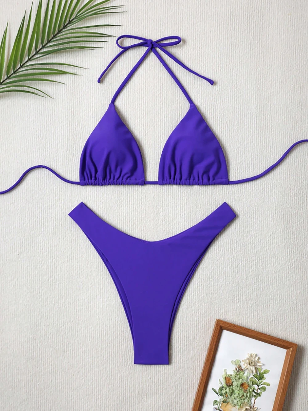 Sexy Solid Halter Lace Up Low Waist Bikini Set Women's 2 Pieces Swimsuit Triangle Thong Swimwear Bathing Suit Brazilian Biquini