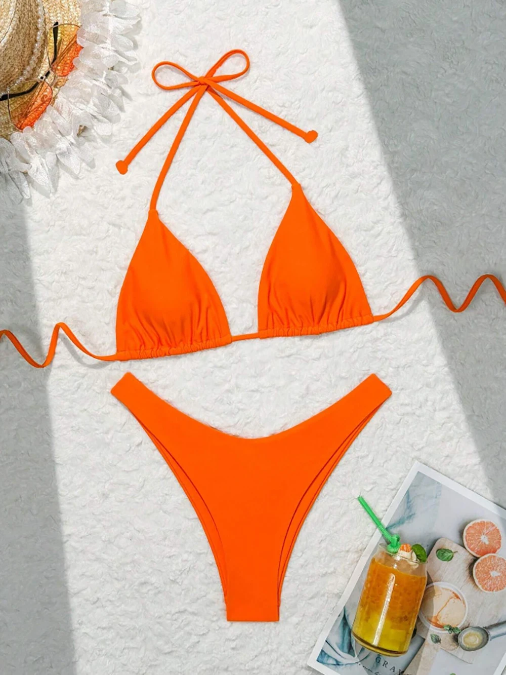 Sexy Solid Halter Lace Up Low Waist Bikini Set Women's 2 Pieces Swimsuit Triangle Thong Swimwear Bathing Suit Brazilian Biquini