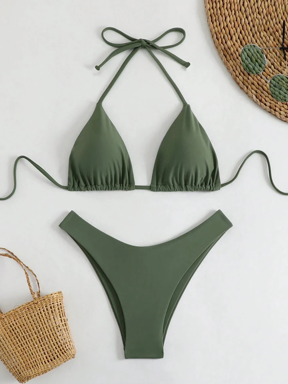 Sexy Solid Halter Lace Up Low Waist Bikini Set Women's 2 Pieces Swimsuit Triangle Thong Swimwear Bathing Suit Brazilian Biquini