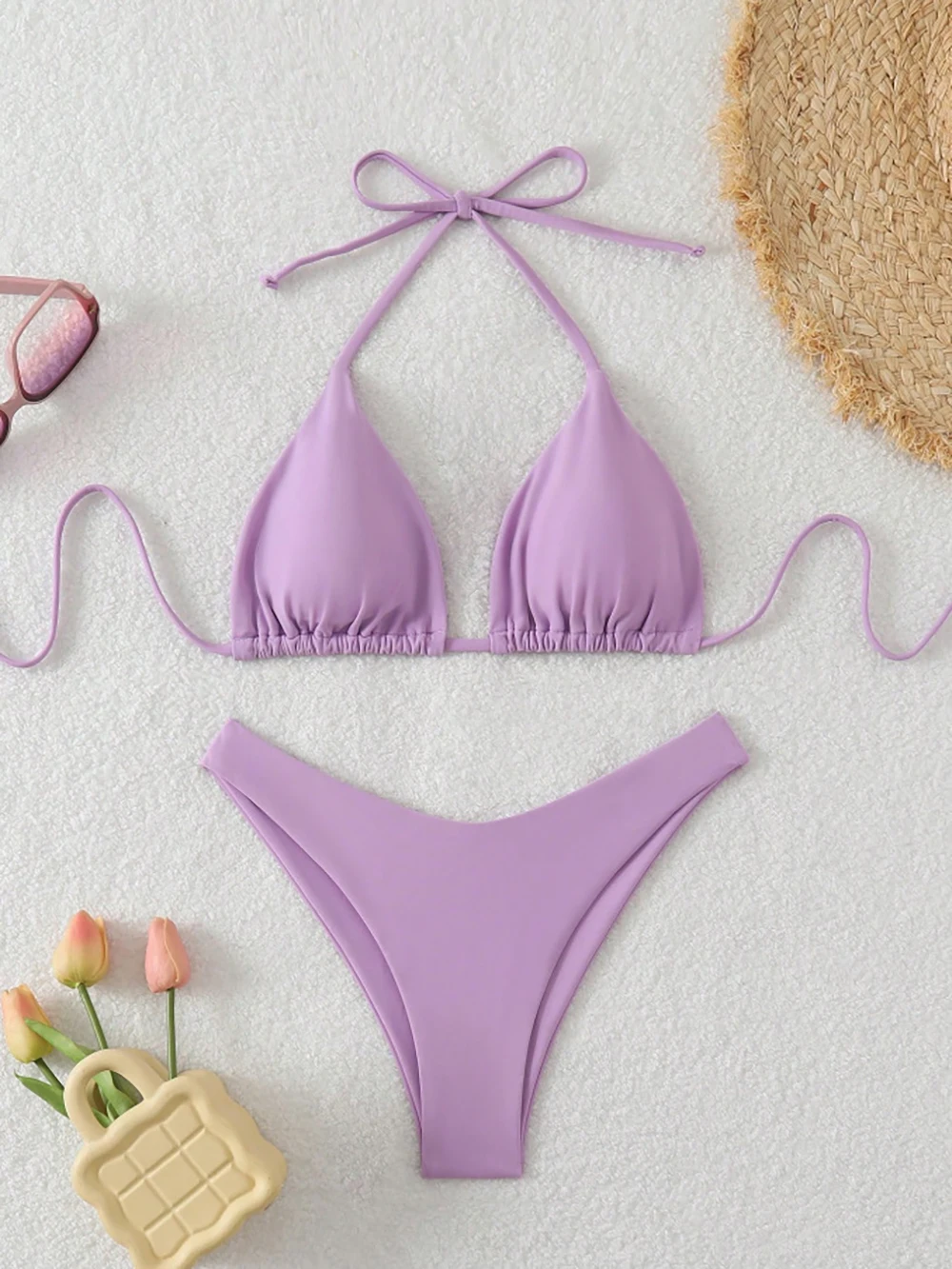 Sexy Solid Halter Lace Up Low Waist Bikini Set Women's 2 Pieces Swimsuit Triangle Thong Swimwear Bathing Suit Brazilian Biquini