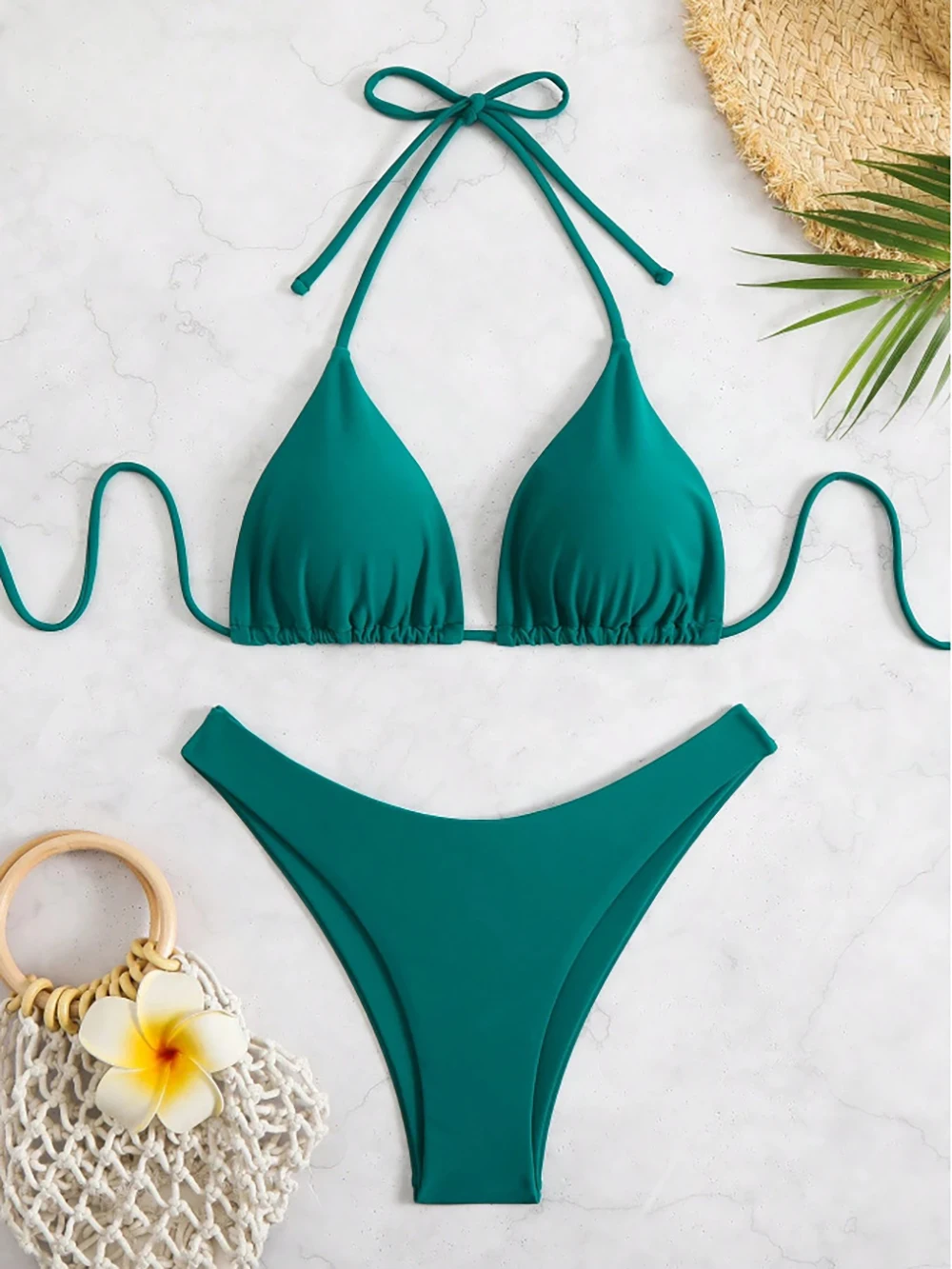 Sexy Solid Halter Lace Up Low Waist Bikini Set Women's 2 Pieces Swimsuit Triangle Thong Swimwear Bathing Suit Brazilian Biquini