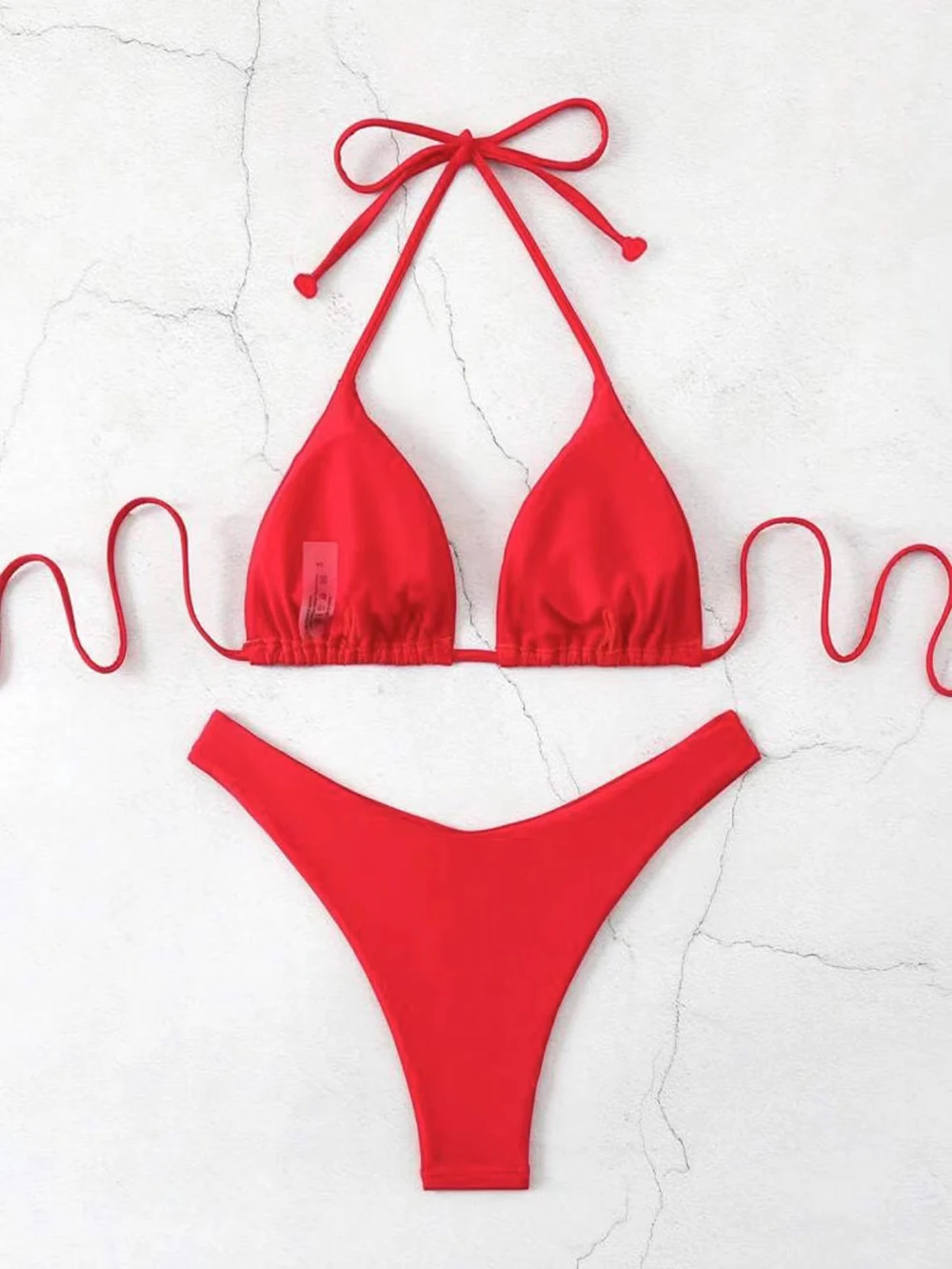 Sexy Solid Halter Lace Up Low Waist Bikini Set Women's 2 Pieces Swimsuit Triangle Thong Swimwear Bathing Suit Brazilian Biquini