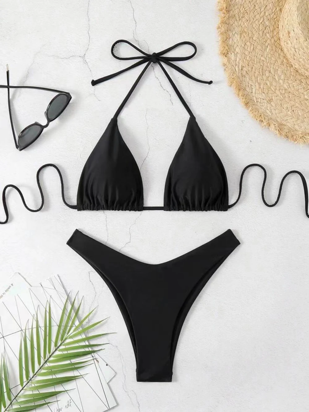 Sexy Solid Halter Lace Up Low Waist Bikini Set Women's 2 Pieces Swimsuit Triangle Thong Swimwear Bathing Suit Brazilian Biquini