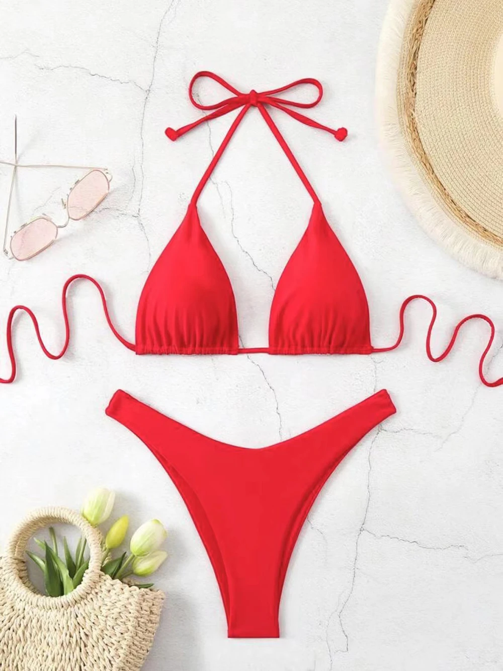 Sexy Solid Halter Lace Up Low Waist Bikini Set Women's 2 Pieces Swimsuit Triangle Thong Swimwear Bathing Suit Brazilian Biquini