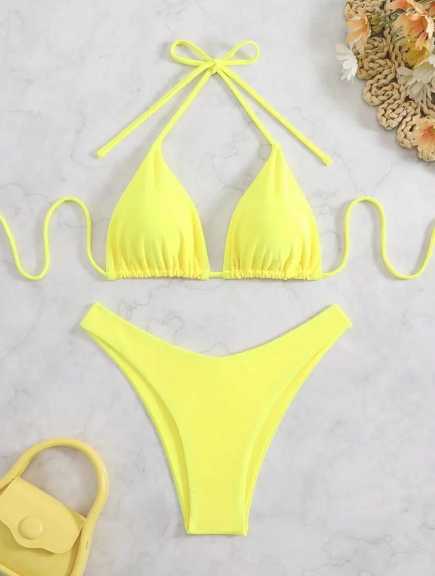 Sexy Solid Halter Lace Up Low Waist Bikini Set Women's 2 Pieces Swimsuit Triangle Thong Swimwear Bathing Suit Brazilian Biquini