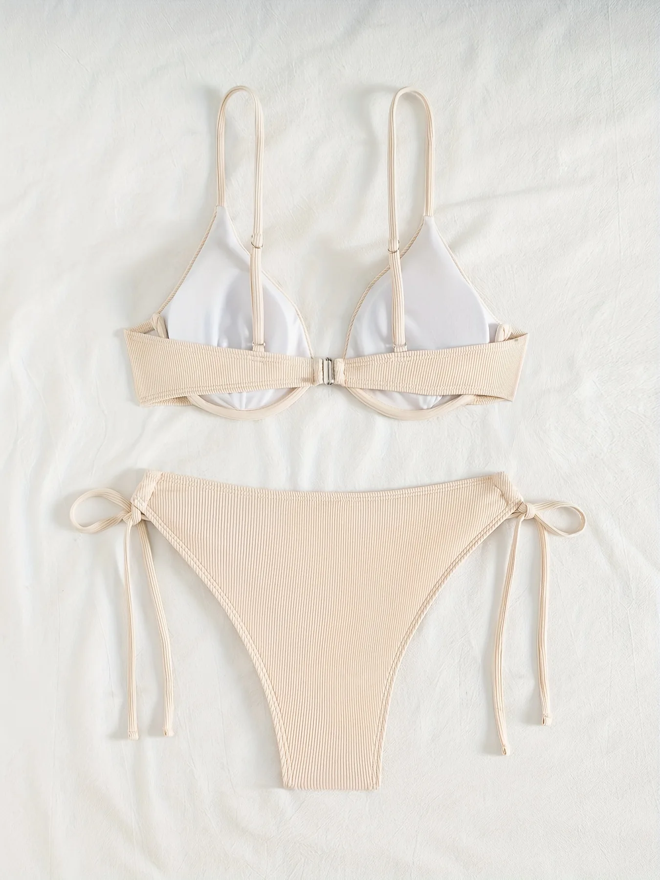Women's Sexy Ruched Striped Push Up Bikini Thin Straps Metal Ring Decoration Adjustable Side Ties Low Waisted Two Piece Swimsuit