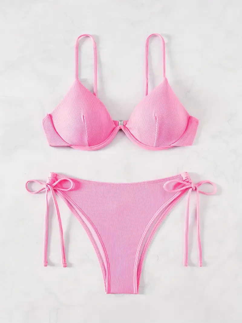 Women's Sexy Ruched Striped Push Up Bikini Thin Straps Metal Ring Decoration Adjustable Side Ties Low Waisted Two Piece Swimsuit
