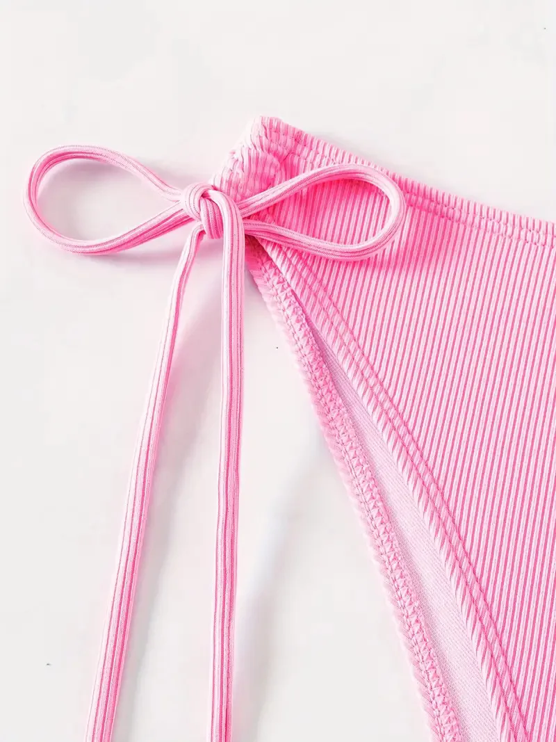 Women's Sexy Ruched Striped Push Up Bikini Thin Straps Metal Ring Decoration Adjustable Side Ties Low Waisted Two Piece Swimsuit