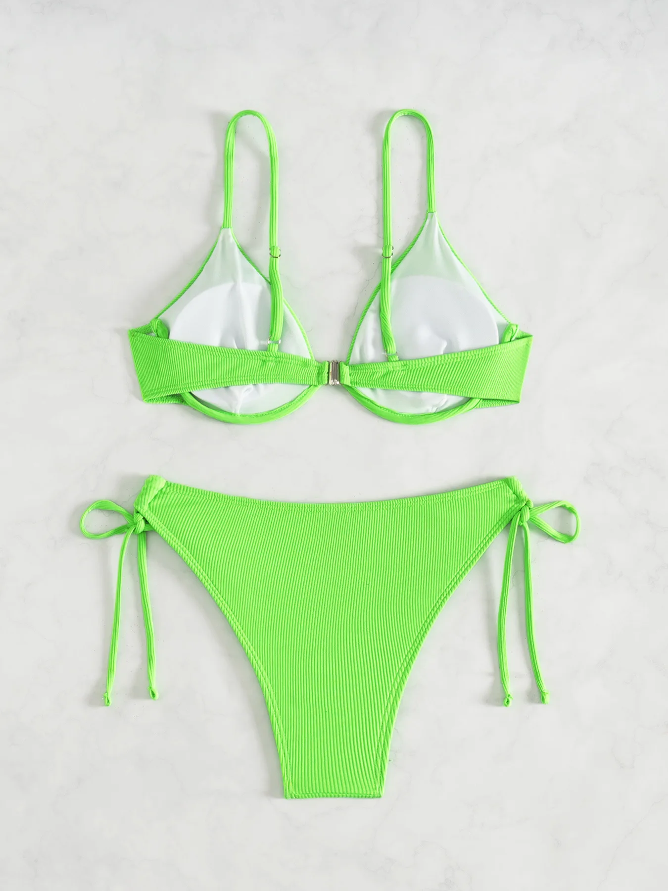 Women's Sexy Ruched Striped Push Up Bikini Thin Straps Metal Ring Decoration Adjustable Side Ties Low Waisted Two Piece Swimsuit