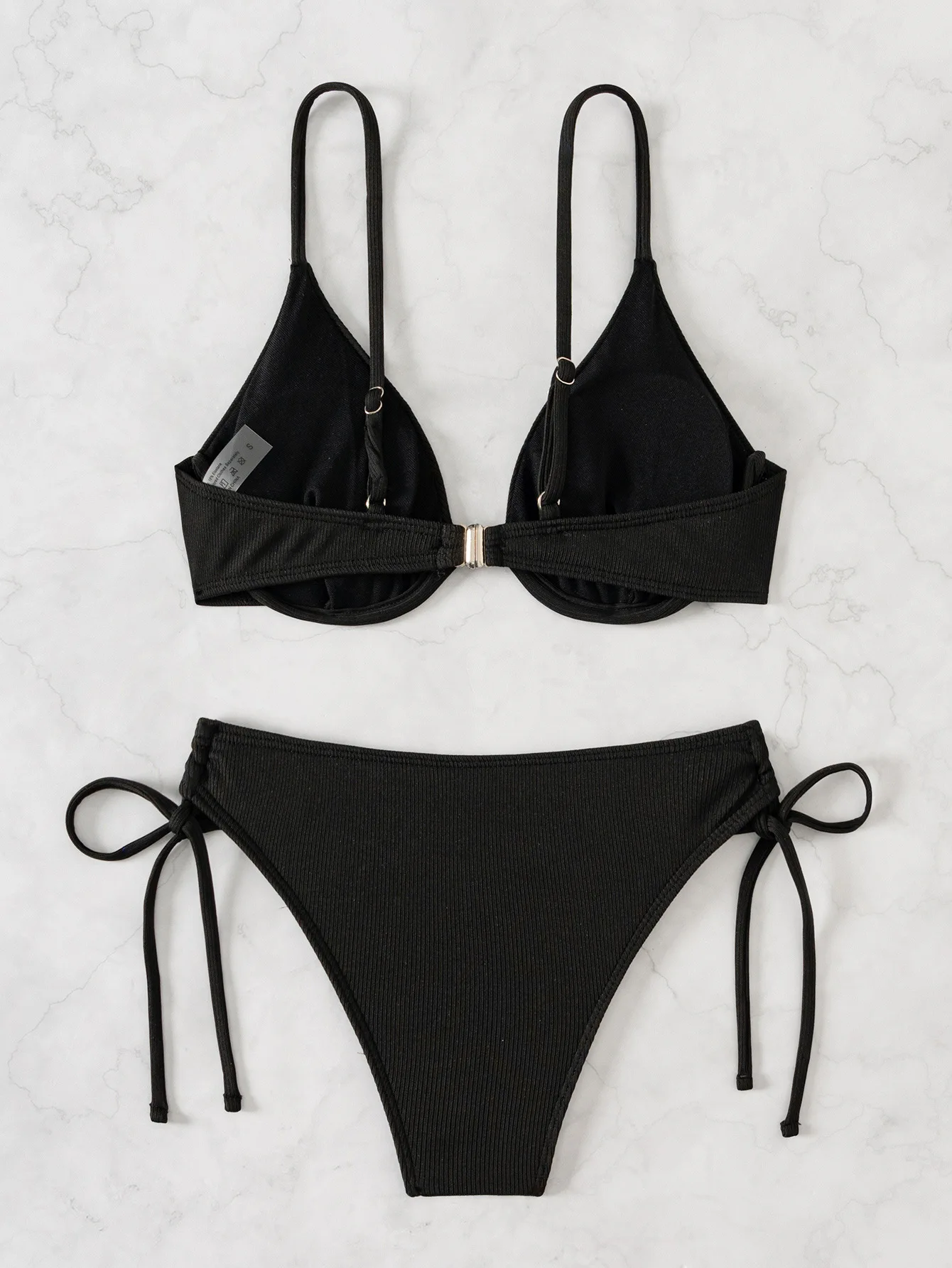 Women's Sexy Ruched Striped Push Up Bikini Thin Straps Metal Ring Decoration Adjustable Side Ties Low Waisted Two Piece Swimsuit