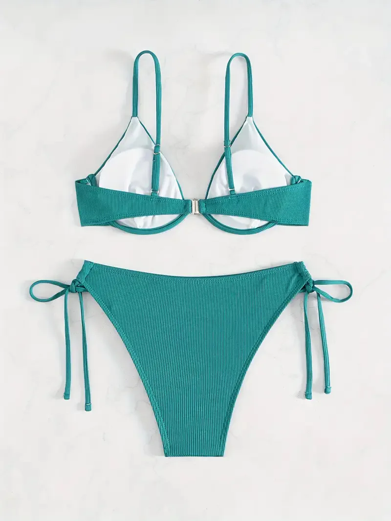 Women's Sexy Ruched Striped Push Up Bikini Thin Straps Metal Ring Decoration Adjustable Side Ties Low Waisted Two Piece Swimsuit