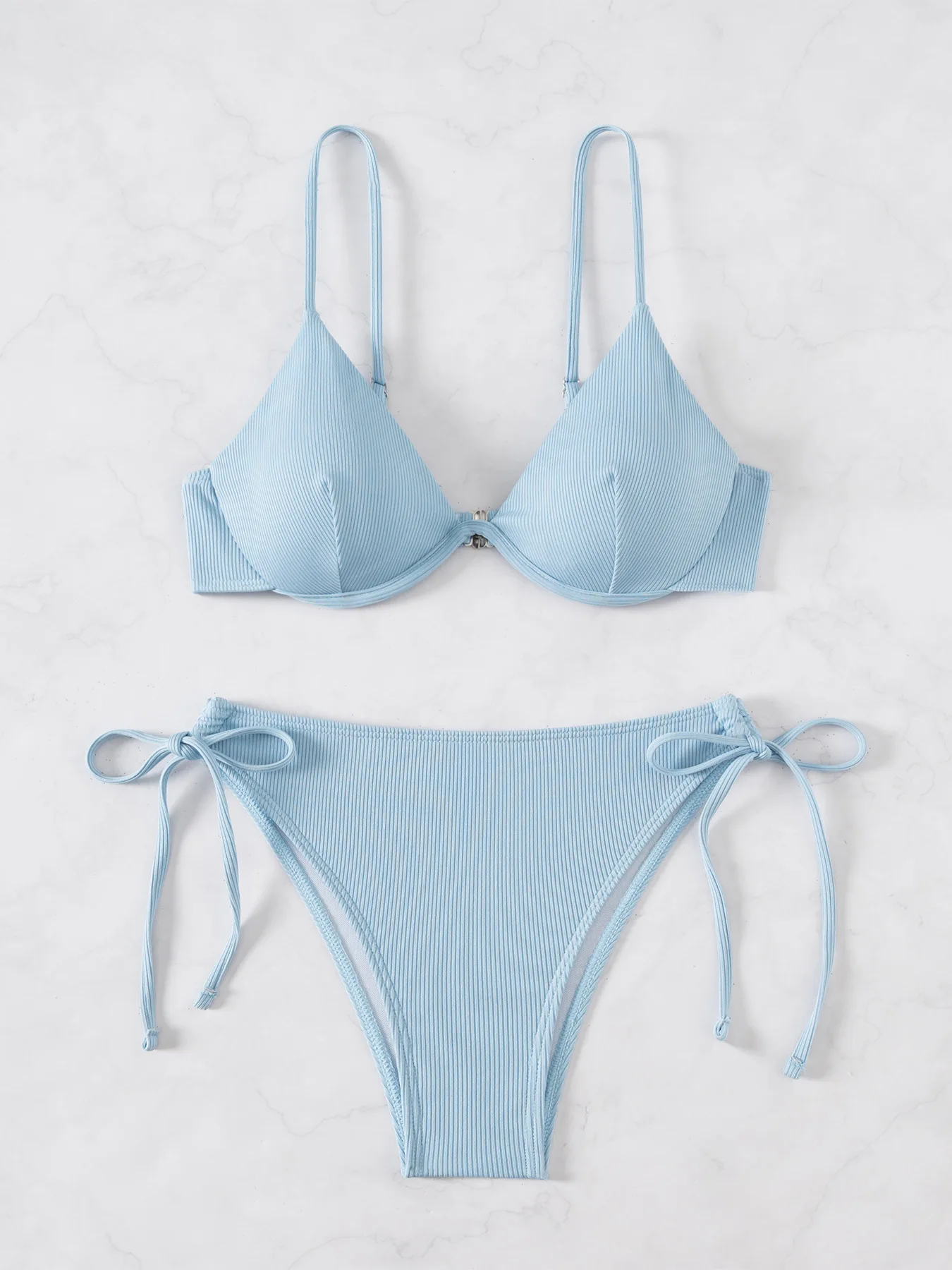 Women's Sexy Ruched Striped Push Up Bikini Thin Straps Metal Ring Decoration Adjustable Side Ties Low Waisted Two Piece Swimsuit