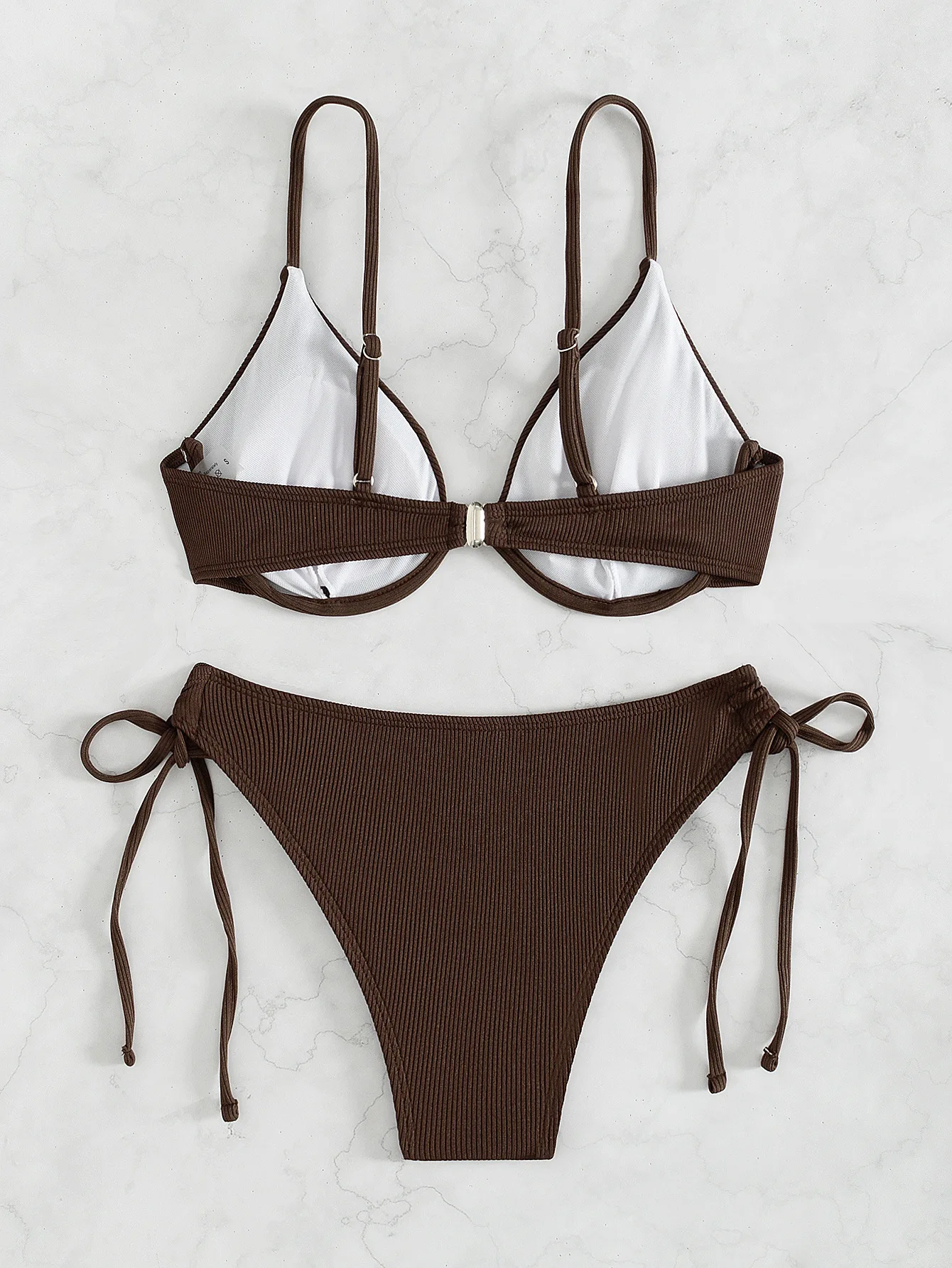 Women's Sexy Ruched Striped Push Up Bikini Thin Straps Metal Ring Decoration Adjustable Side Ties Low Waisted Two Piece Swimsuit
