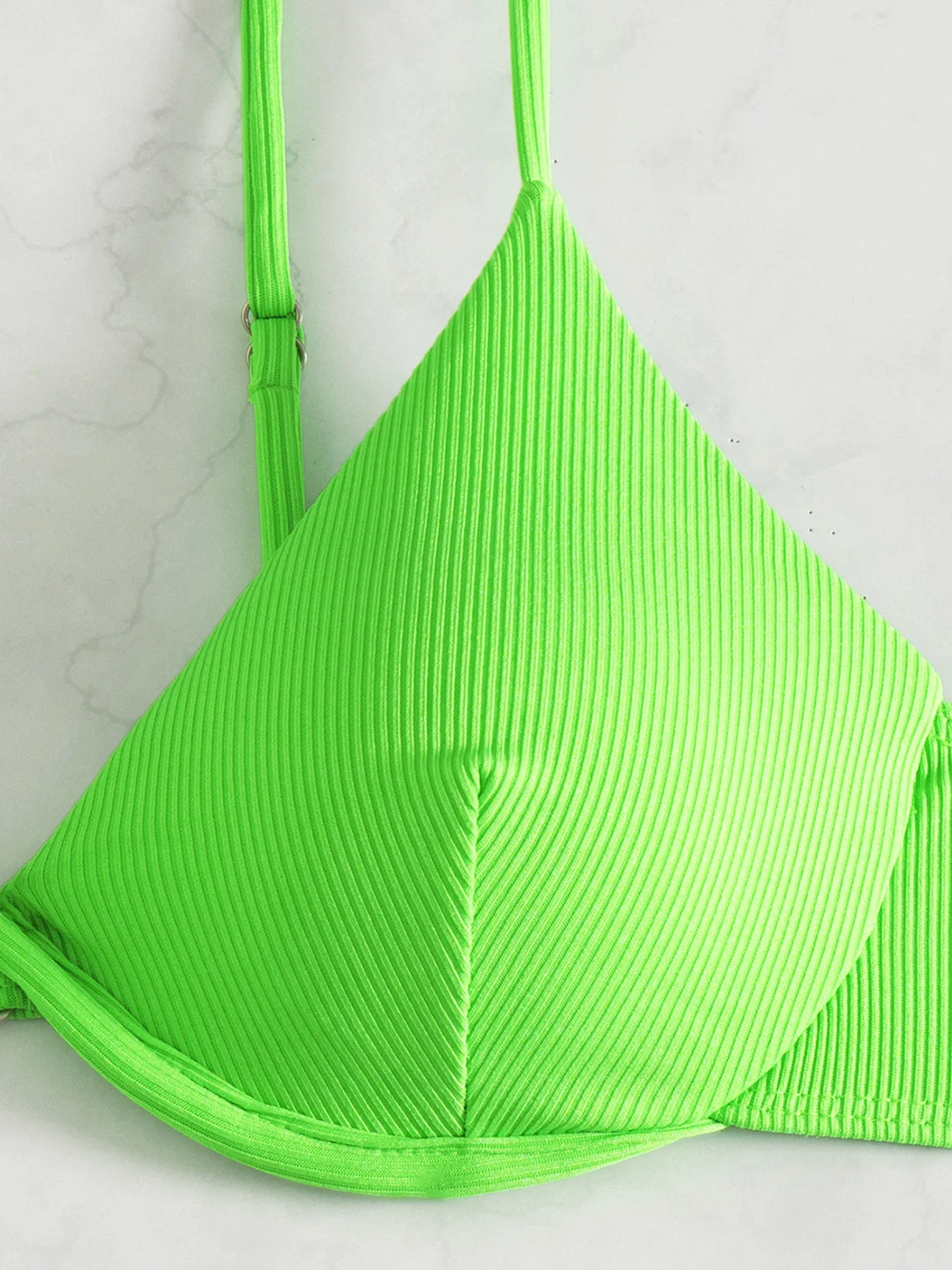 Women's Sexy Ruched Striped Push Up Bikini Thin Straps Metal Ring Decoration Adjustable Side Ties Low Waisted Two Piece Swimsuit