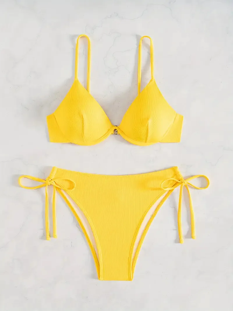 Women's Sexy Ruched Striped Push Up Bikini Thin Straps Metal Ring Decoration Adjustable Side Ties Low Waisted Two Piece Swimsuit
