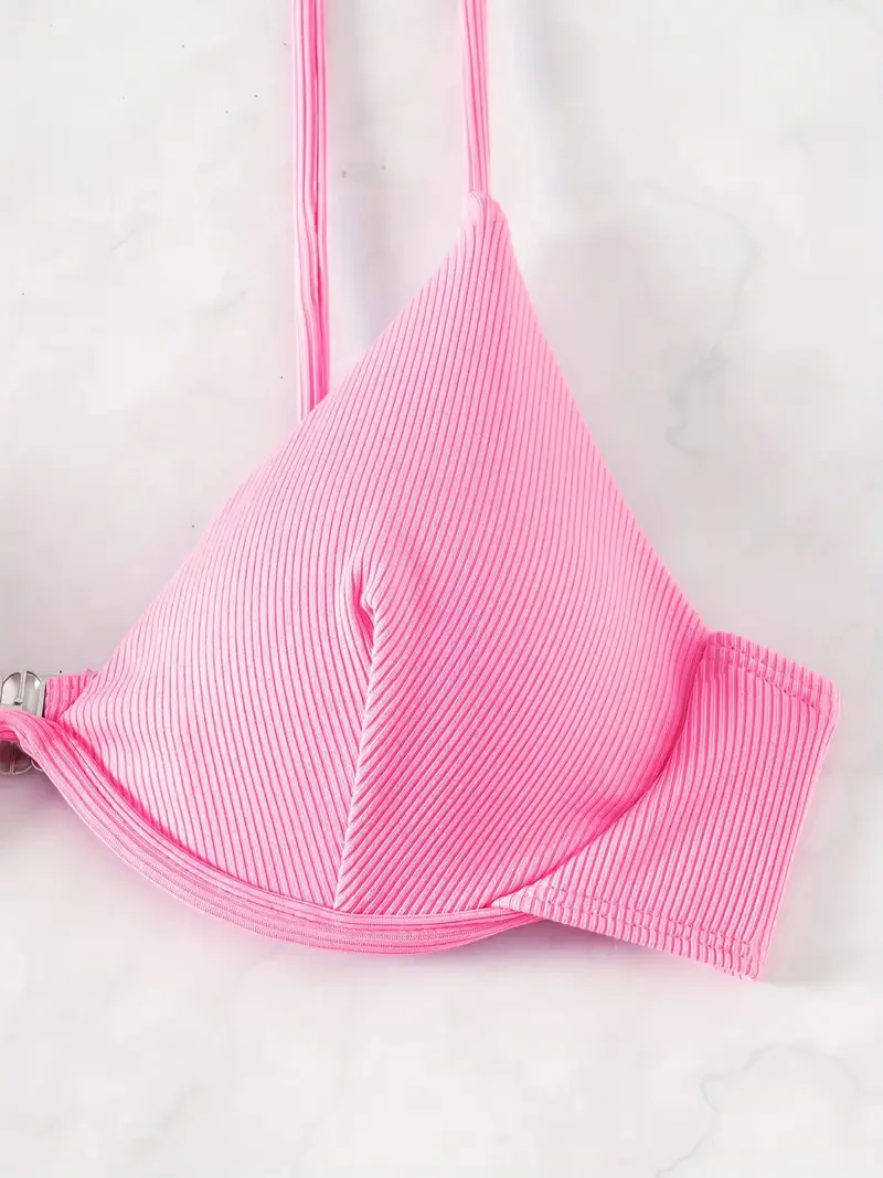 Women's Sexy Ruched Striped Push Up Bikini Thin Straps Metal Ring Decoration Adjustable Side Ties Low Waisted Two Piece Swimsuit