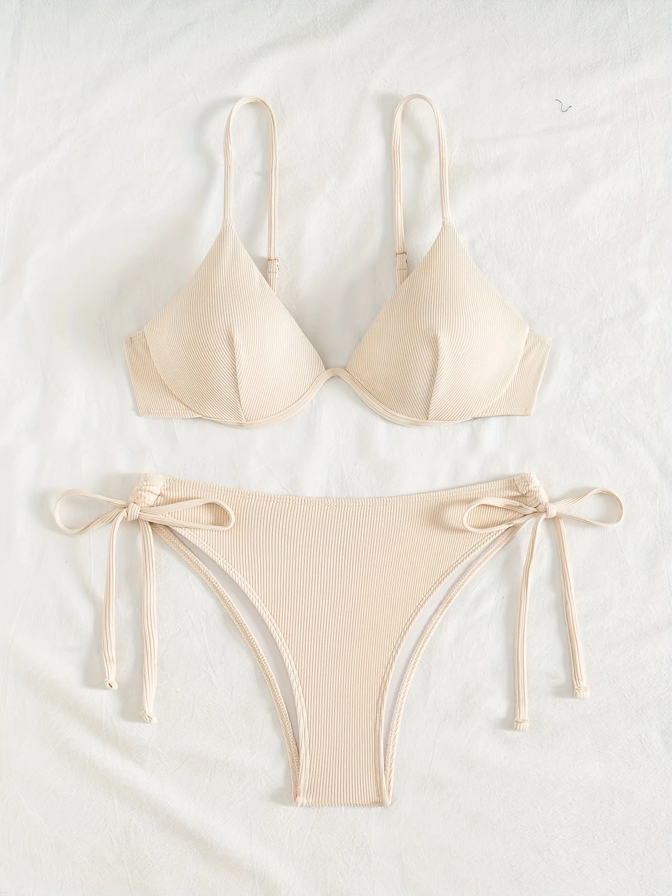 Women's Sexy Ruched Striped Push Up Bikini Thin Straps Metal Ring Decoration Adjustable Side Ties Low Waisted Two Piece Swimsuit