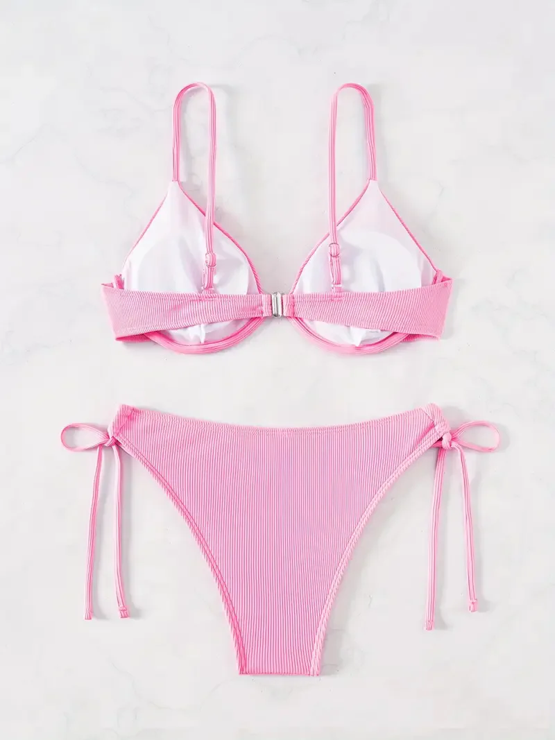 Women's Sexy Ruched Striped Push Up Bikini Thin Straps Metal Ring Decoration Adjustable Side Ties Low Waisted Two Piece Swimsuit