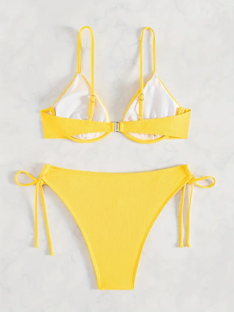 Women's Sexy Ruched Striped Push Up Bikini Thin Straps Metal Ring Decoration Adjustable Side Ties Low Waisted Two Piece Swimsuit