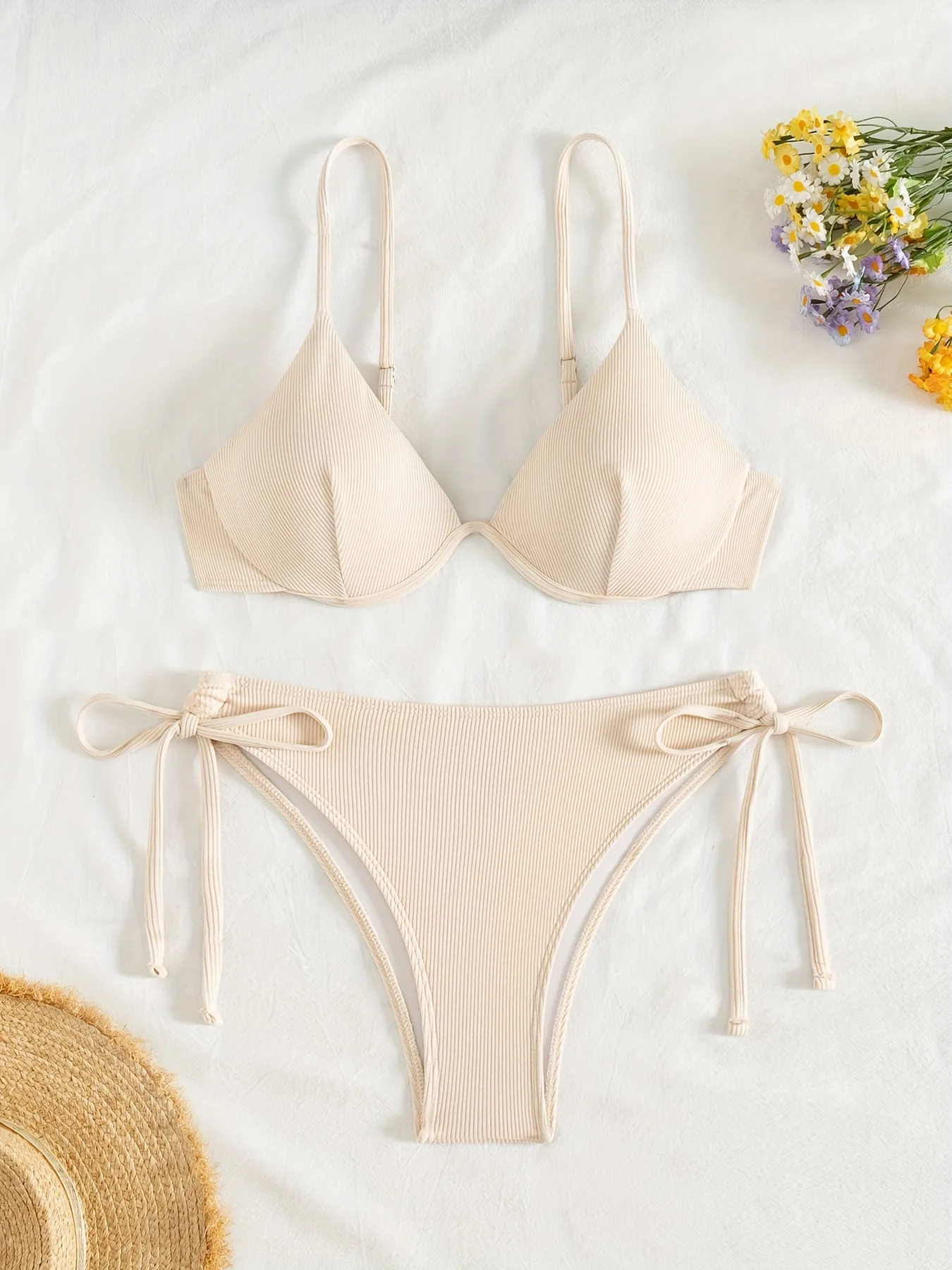 Women's Sexy Ruched Striped Push Up Bikini Thin Straps Metal Ring Decoration Adjustable Side Ties Low Waisted Two Piece Swimsuit