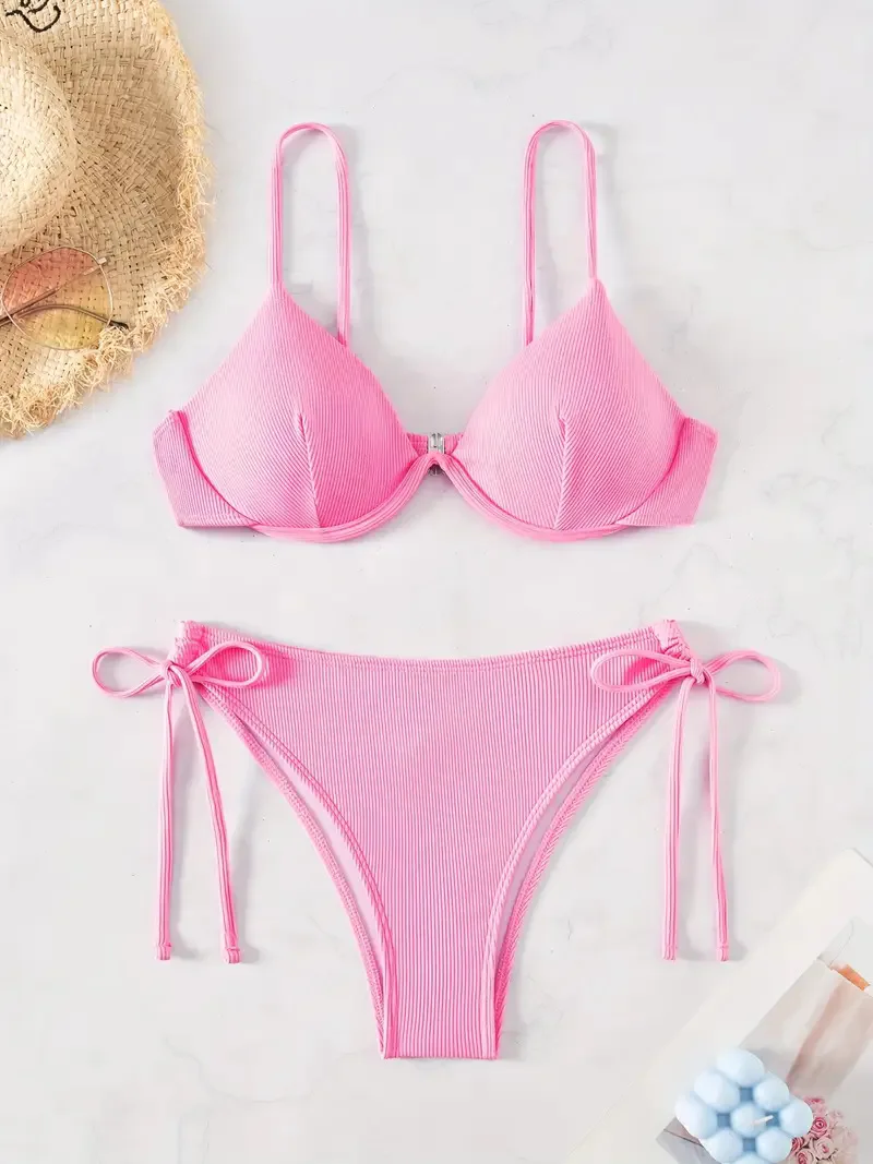 Women's Sexy Ruched Striped Push Up Bikini Thin Straps Metal Ring Decoration Adjustable Side Ties Low Waisted Two Piece Swimsuit