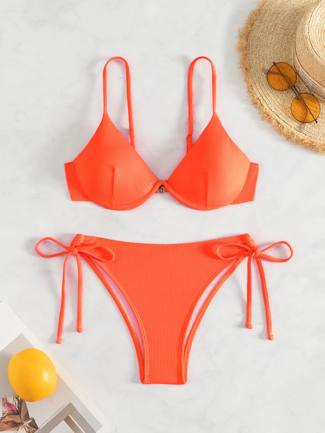 Women's Sexy Ruched Striped Push Up Bikini Thin Straps Metal Ring Decoration Adjustable Side Ties Low Waisted Two Piece Swimsuit