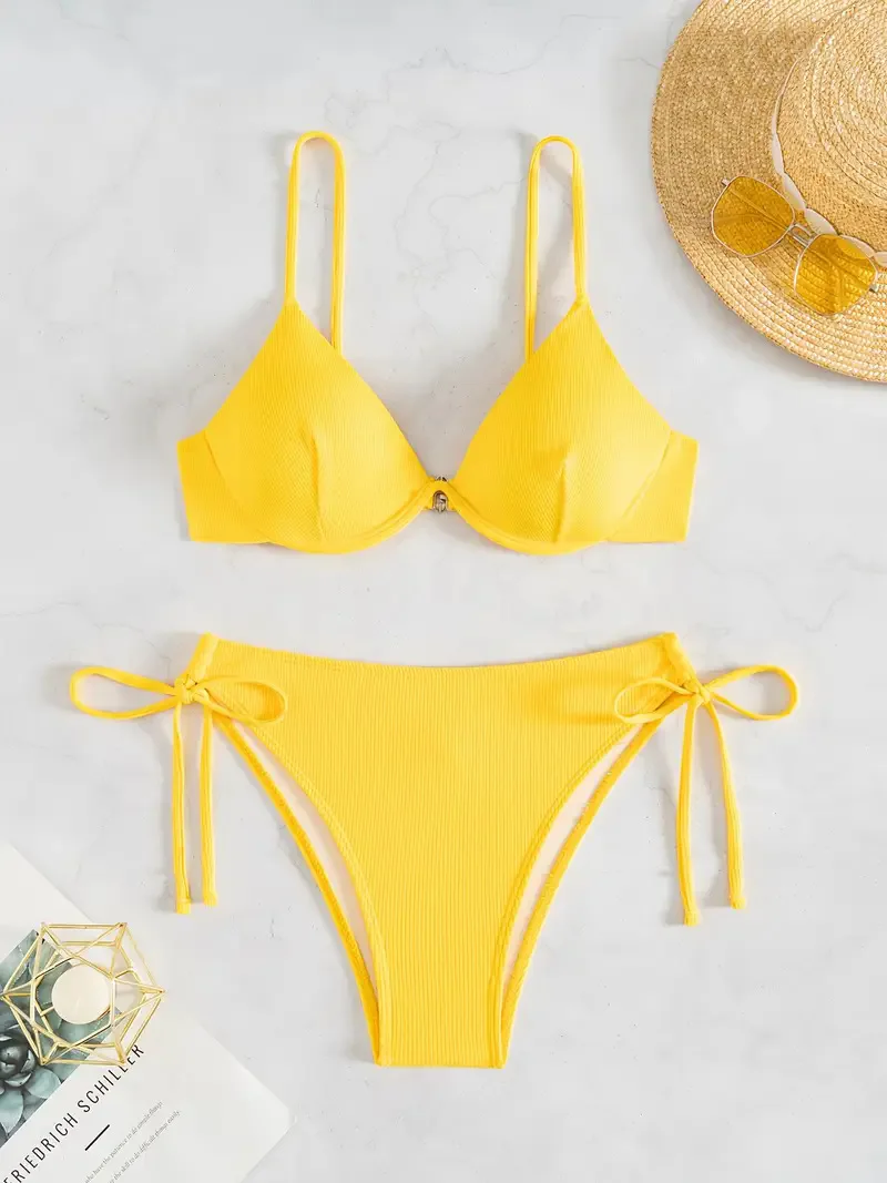 Women's Sexy Ruched Striped Push Up Bikini Thin Straps Metal Ring Decoration Adjustable Side Ties Low Waisted Two Piece Swimsuit