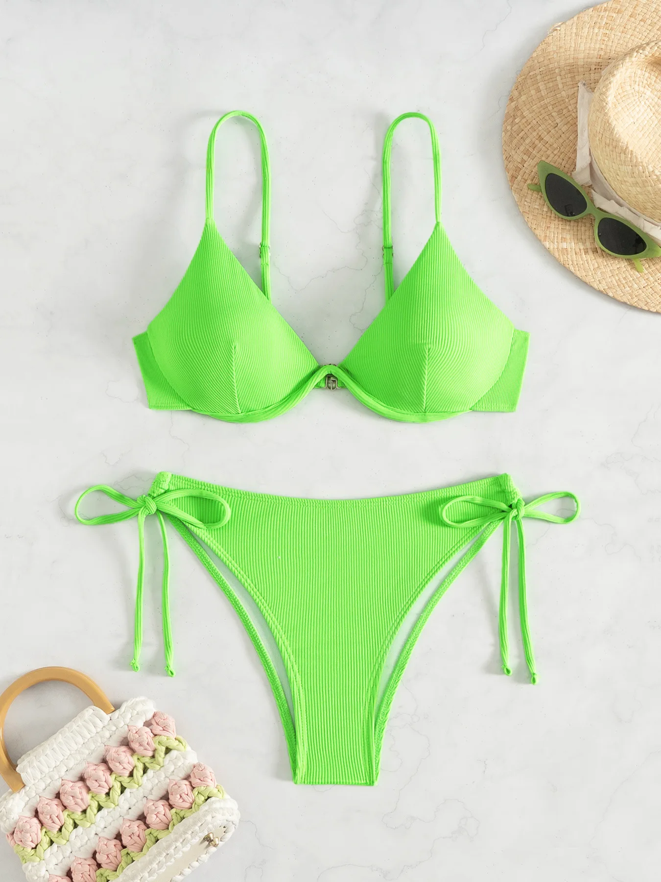 Women's Sexy Ruched Striped Push Up Bikini Thin Straps Metal Ring Decoration Adjustable Side Ties Low Waisted Two Piece Swimsuit