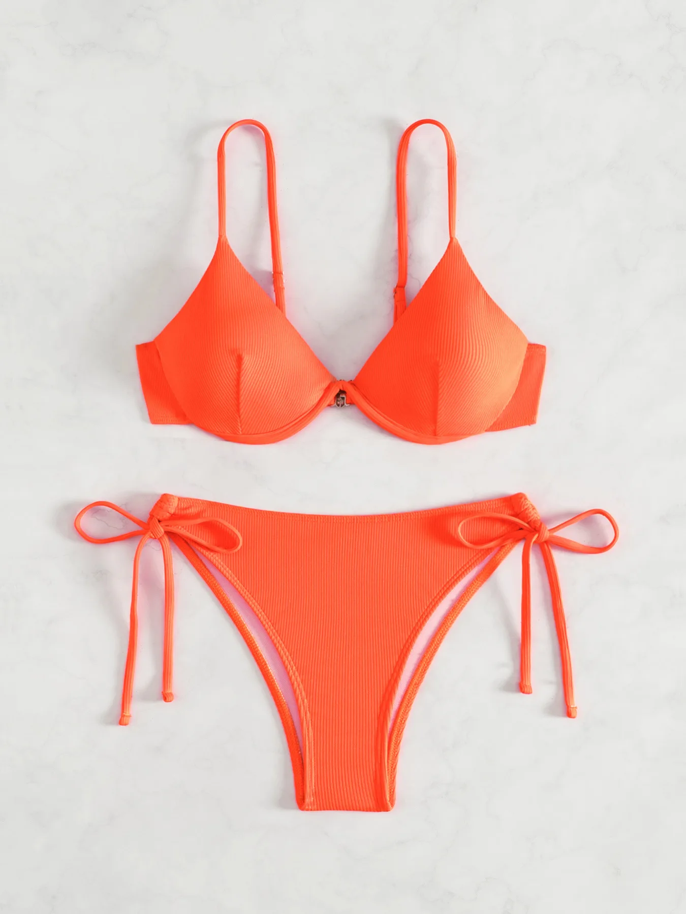 Women's Sexy Ruched Striped Push Up Bikini Thin Straps Metal Ring Decoration Adjustable Side Ties Low Waisted Two Piece Swimsuit