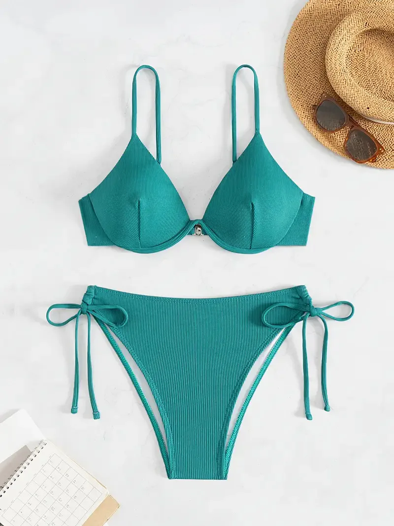 Women's Sexy Ruched Striped Push Up Bikini Thin Straps Metal Ring Decoration Adjustable Side Ties Low Waisted Two Piece Swimsuit