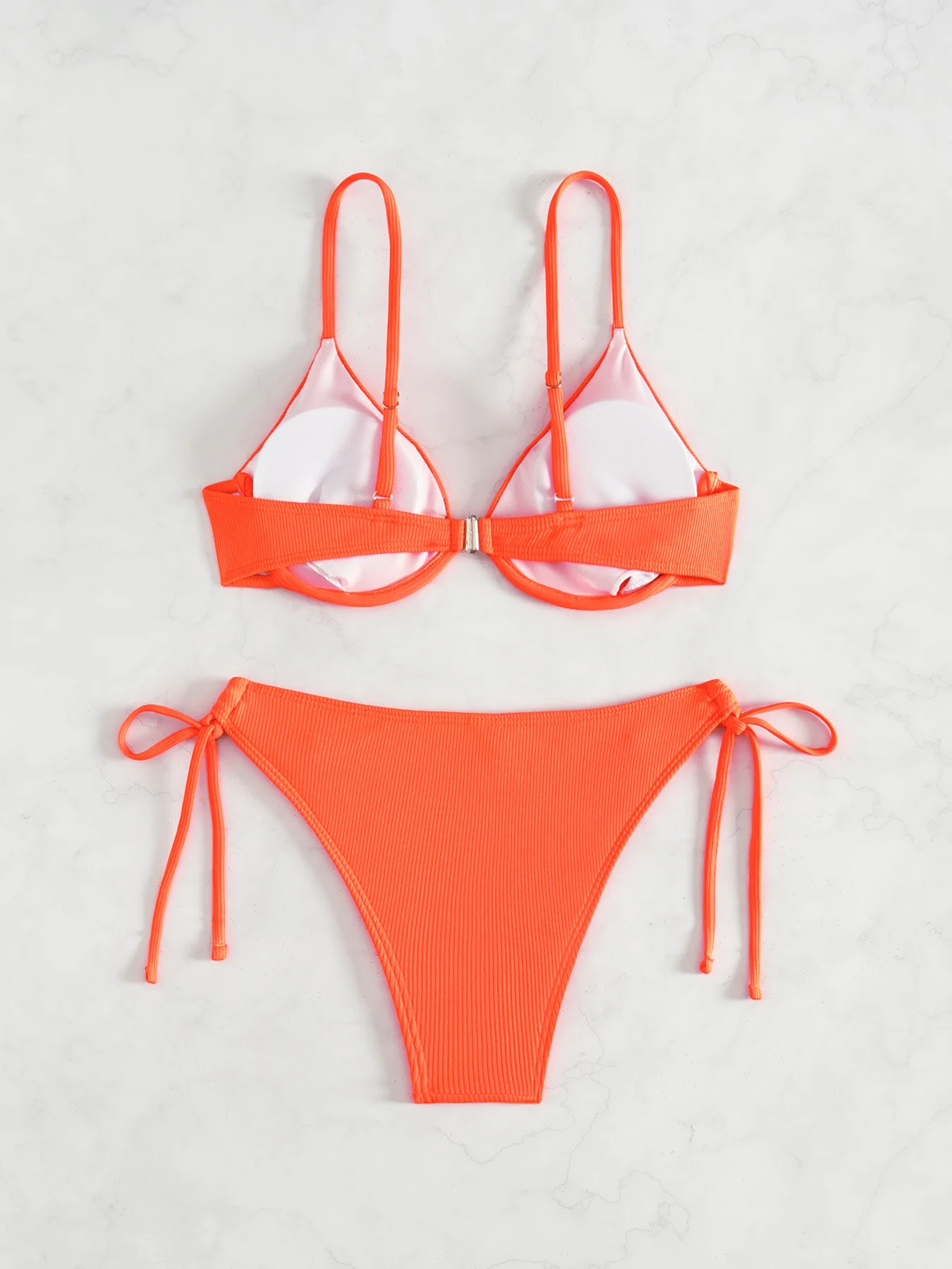 Women's Sexy Ruched Striped Push Up Bikini Thin Straps Metal Ring Decoration Adjustable Side Ties Low Waisted Two Piece Swimsuit