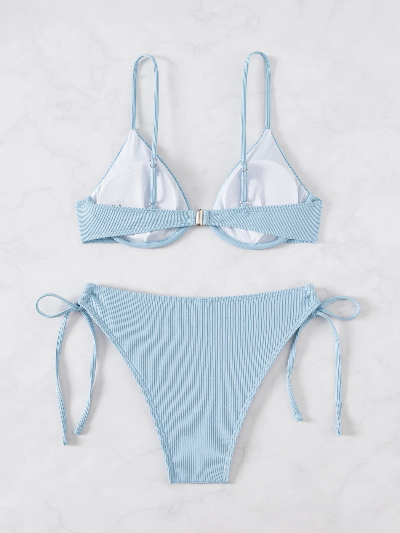 Women's Sexy Ruched Striped Push Up Bikini Thin Straps Metal Ring Decoration Adjustable Side Ties Low Waisted Two Piece Swimsuit
