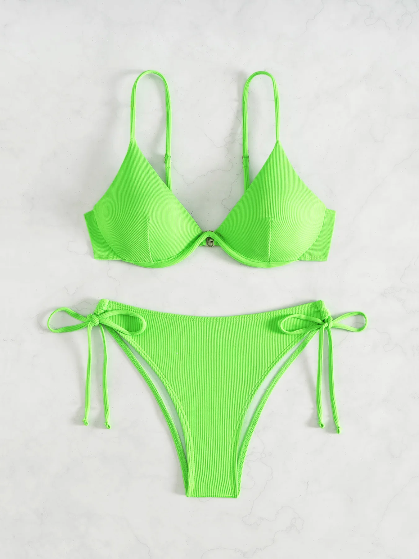 Women's Sexy Ruched Striped Push Up Bikini Thin Straps Metal Ring Decoration Adjustable Side Ties Low Waisted Two Piece Swimsuit