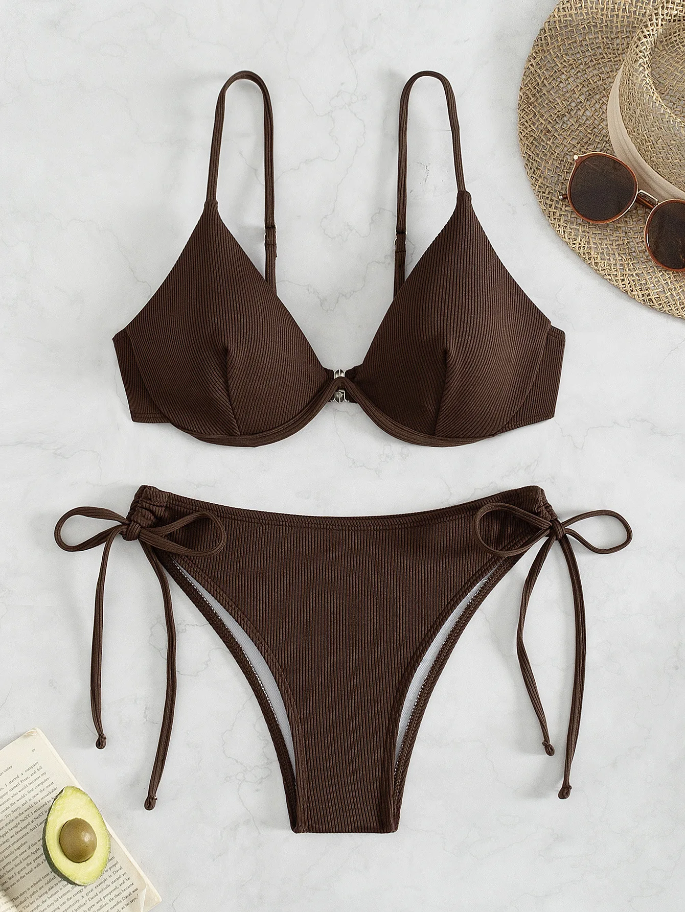 Women's Sexy Ruched Striped Push Up Bikini Thin Straps Metal Ring Decoration Adjustable Side Ties Low Waisted Two Piece Swimsuit