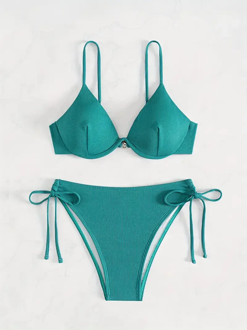 Women's Sexy Ruched Striped Push Up Bikini Thin Straps Metal Ring Decoration Adjustable Side Ties Low Waisted Two Piece Swimsuit