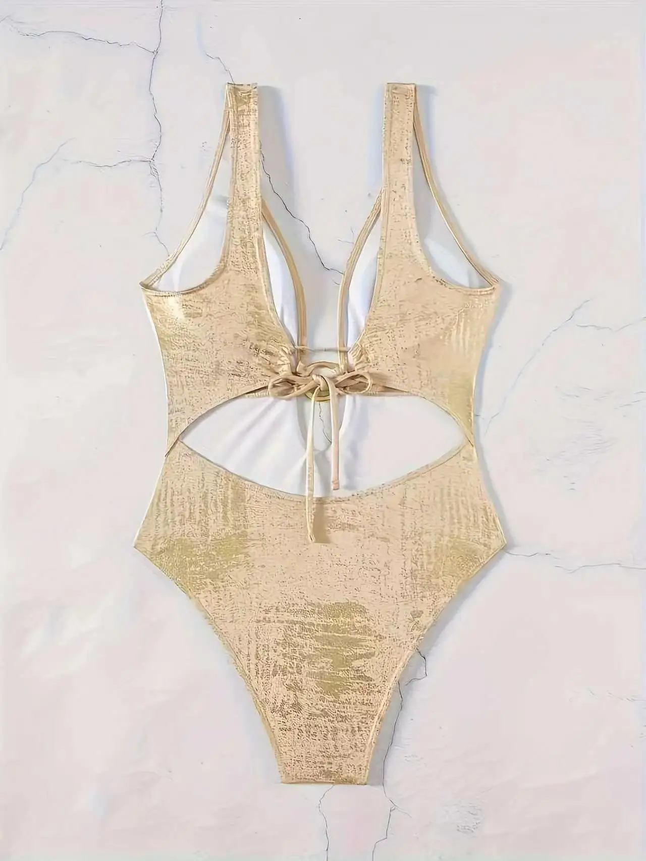 Shiny Metallic Gold One Piece Swimsuit Women Deep V Neck O-Ring Cutout High Cut Tummy Control Bathing Suit