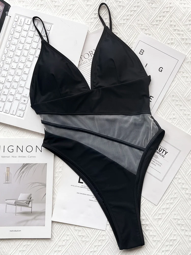 2025 Sexy Splicing Mesh See Through Female Swimwear One Piece Swimsuit Women High Cut Monokini Bathing Suit Swim Beach Wear