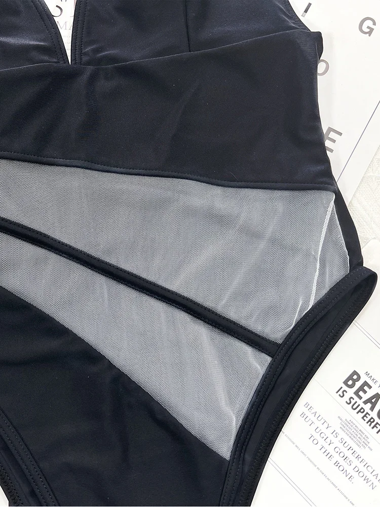 2025 Sexy Splicing Mesh See Through Female Swimwear One Piece Swimsuit Women High Cut Monokini Bathing Suit Swim Beach Wear
