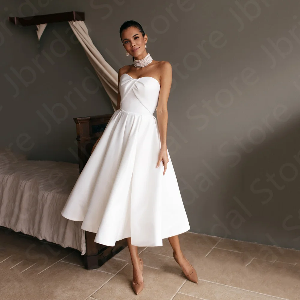 Modern Simple Sleeveless Wedding Dresses Short Bride Strapless Mid Calf Length Bridal Gowns Lace Up Back 2023 On Sale