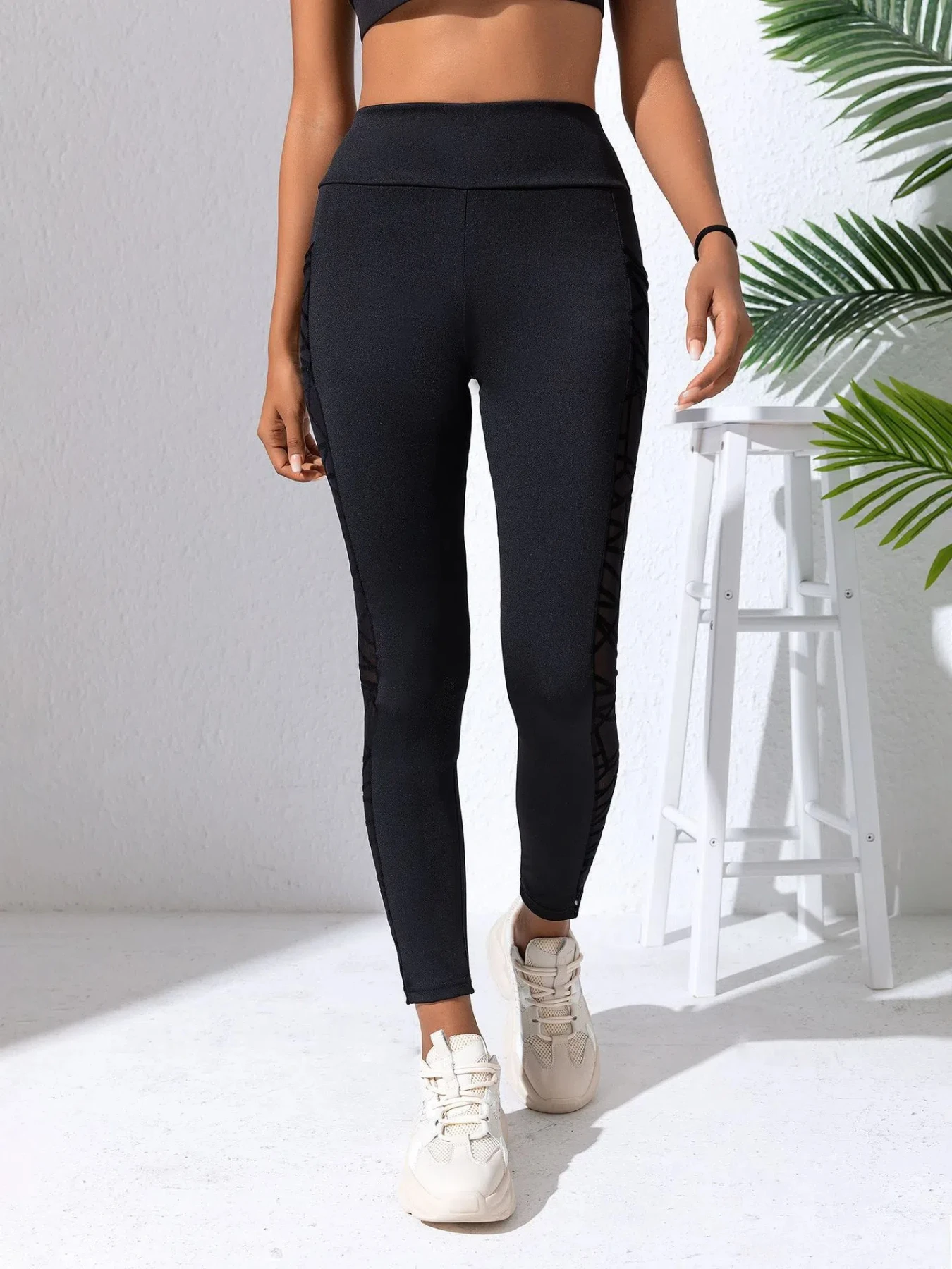 Side Mesh Yoga Women's Leggings Black Fabric Patchwork High Waist Soft Comfortable Gym Fitness Sportswear Long Pants