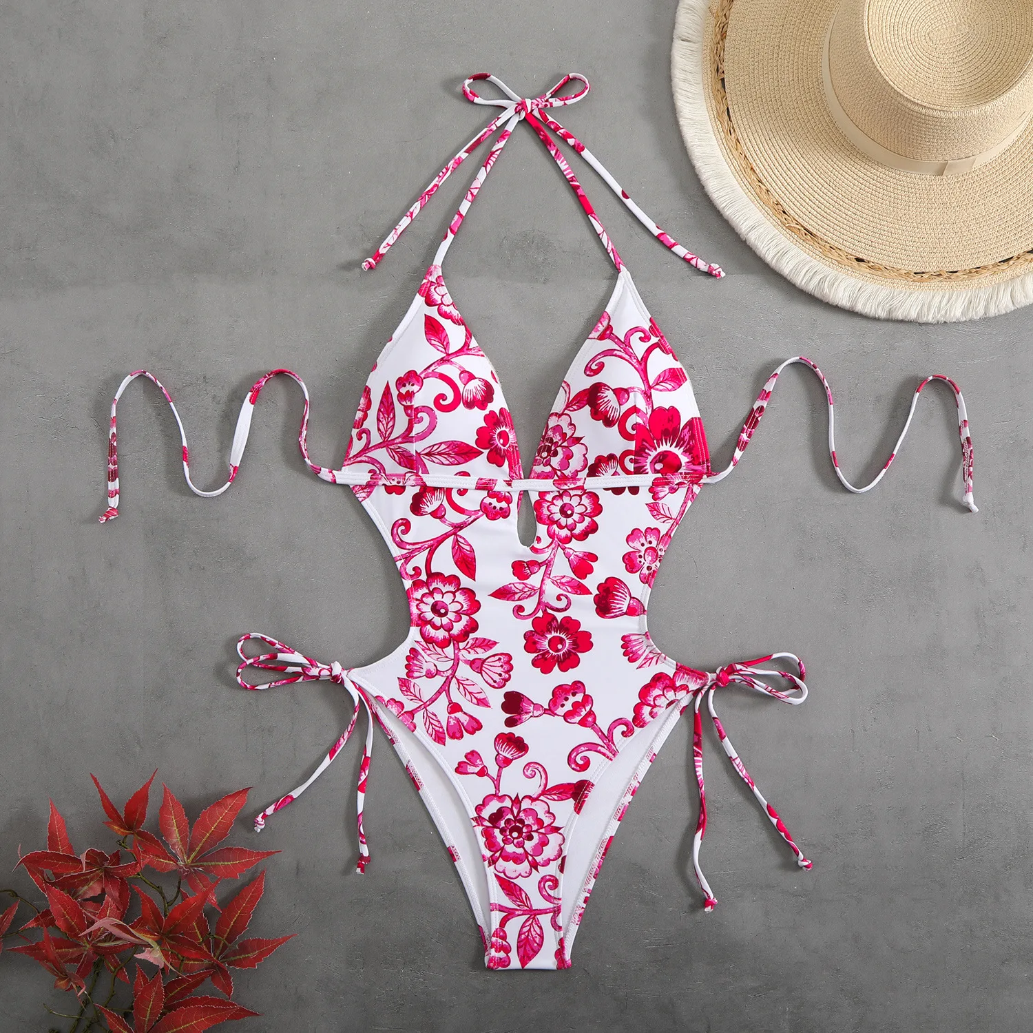 2026 New Sexy Floral Print One-Piece Swimsuit Women's Deep V Backless Tie Slimming Swimwear Cross-Border Hot Sale