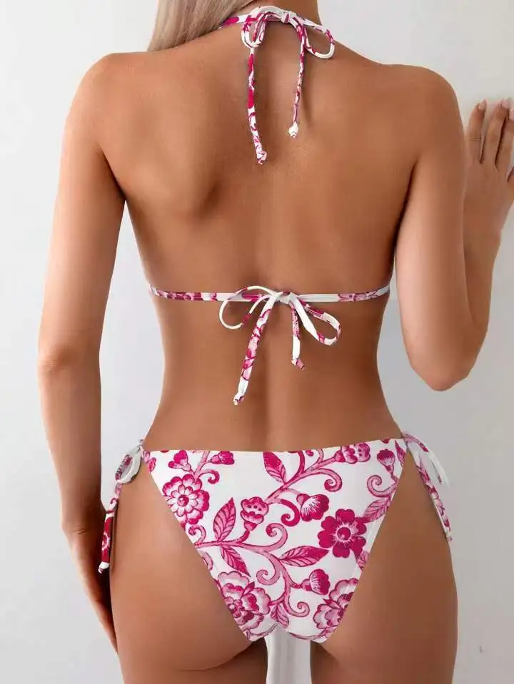 2026 New Sexy Floral Print One-Piece Swimsuit Women's Deep V Backless Tie Slimming Swimwear Cross-Border Hot Sale