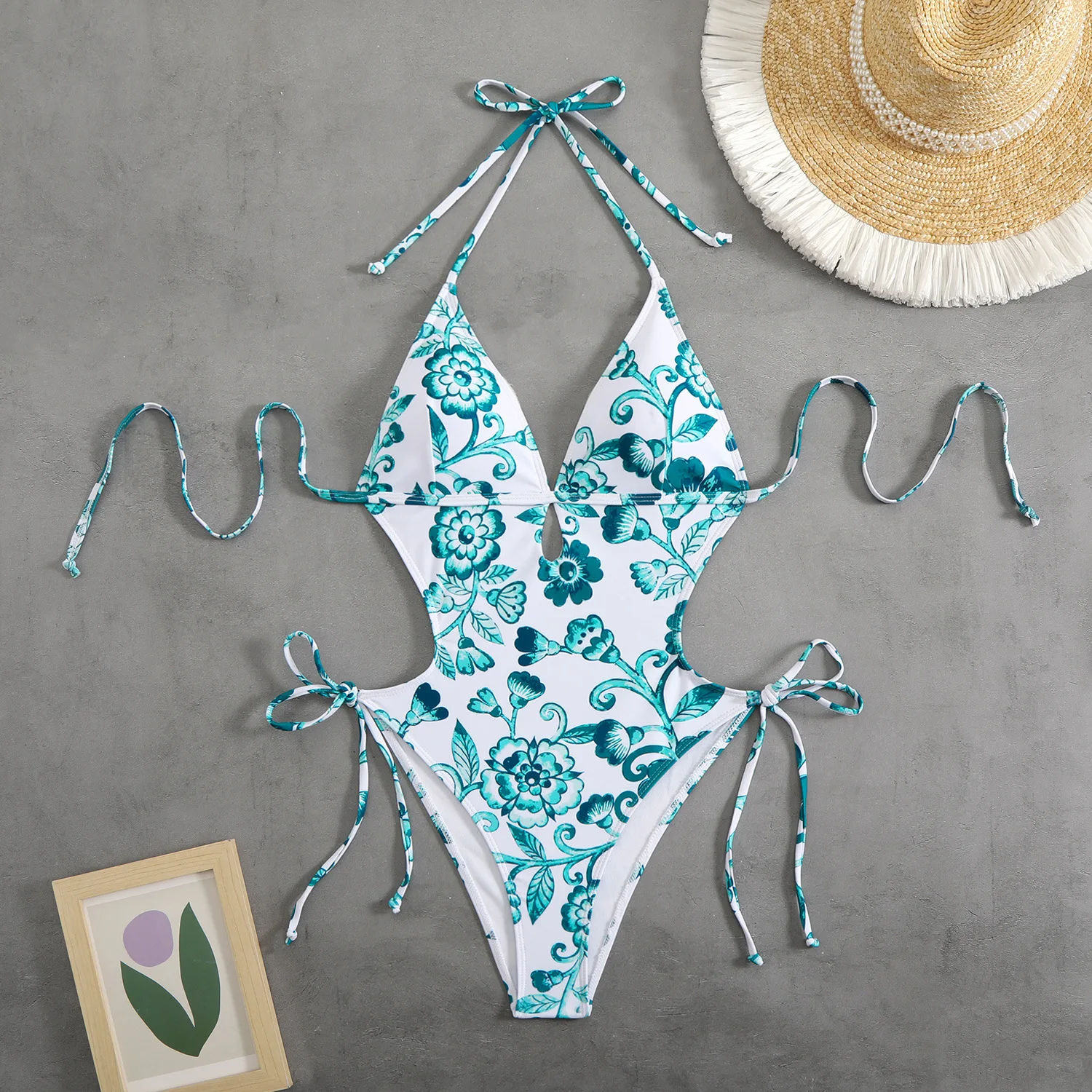 2026 New Sexy Floral Print One-Piece Swimsuit Women's Deep V Backless Tie Slimming Swimwear Cross-Border Hot Sale