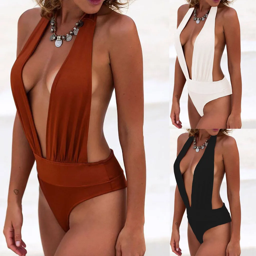 Sexy Deep V Halter One Piece Swimsuit Women Backless High Cut Monokini Bathing Suit Beach Swimwear