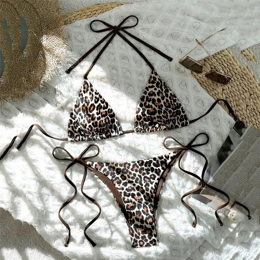 Brown Leopard Print Swimwear Halter String Triangle Micro Bikini Thong Set Sexy Swimsuit Women 2026 Bathing Suit Bikinis Mujer