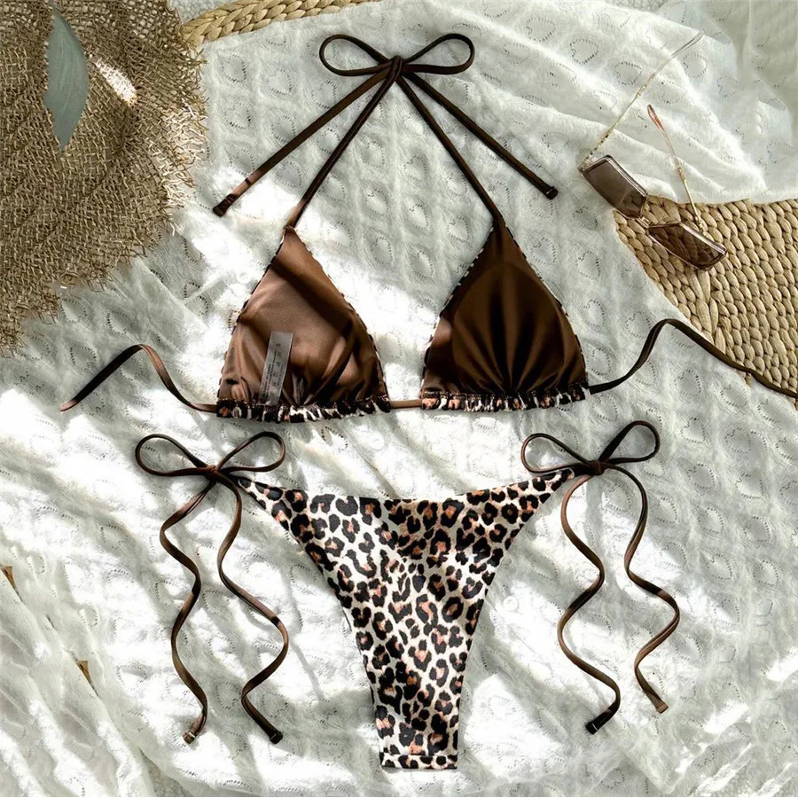 Brown Leopard Print Swimwear Halter String Triangle Micro Bikini Thong Set Sexy Swimsuit Women 2026 Bathing Suit Bikinis Mujer